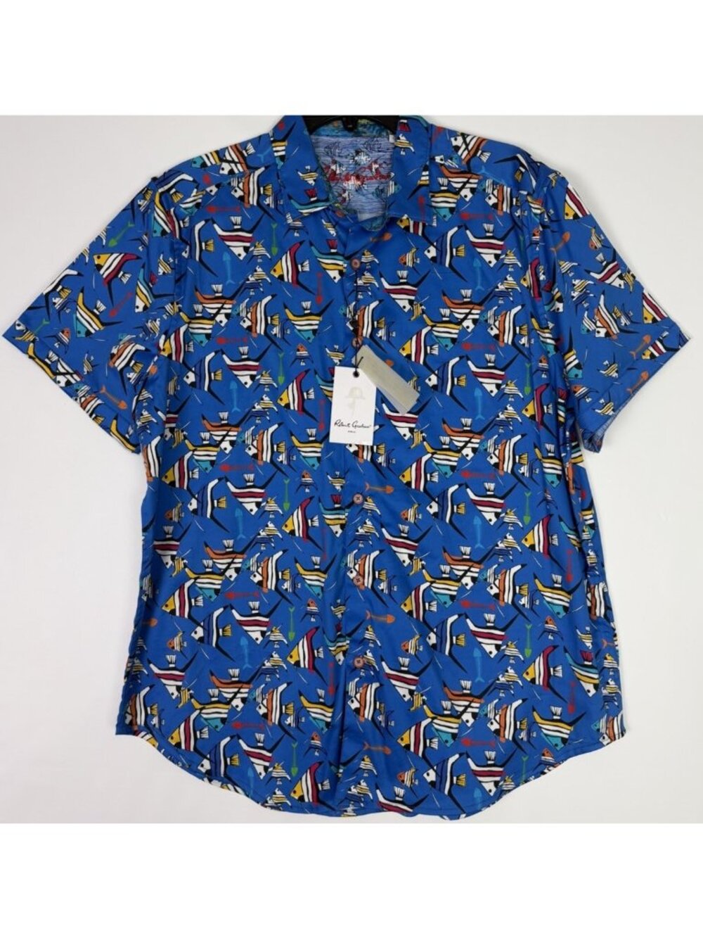 Robert Graham Mens Shirt XL Blue Gone Fishing Short Sleeve Tropical Fish NWT